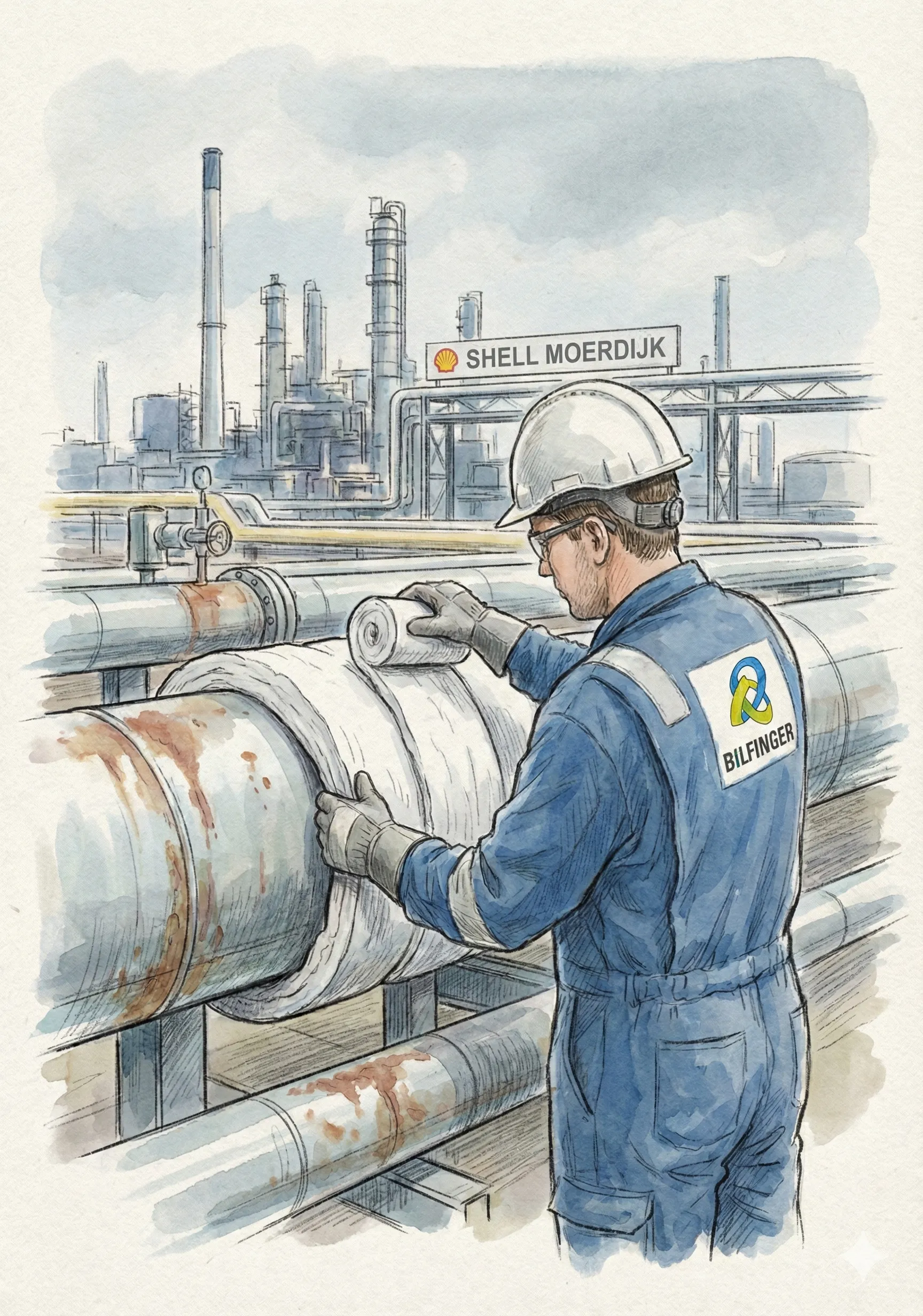 Report cover — watercolor illustration of industrial insulation work at Shell Moerdijk